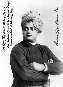 Swami Vivekananda, with his own words, ""One infinite pure and holy – beyond thought beyond qualities I bow down to thee."